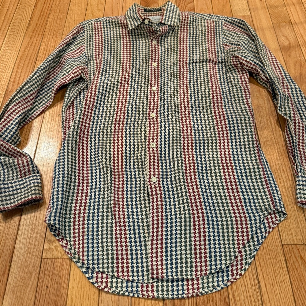 VTG Neiman Marcus Red, Blue, Green Houndstooth Shirt Imported Fabric